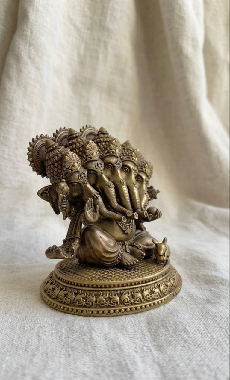 Handcrafted Ashtadhatu Panchmukhi Ganesha Idol – Five-Faced Ganpati Murti for Prosperity, Protection & Home Temple(Height-6.3inch)