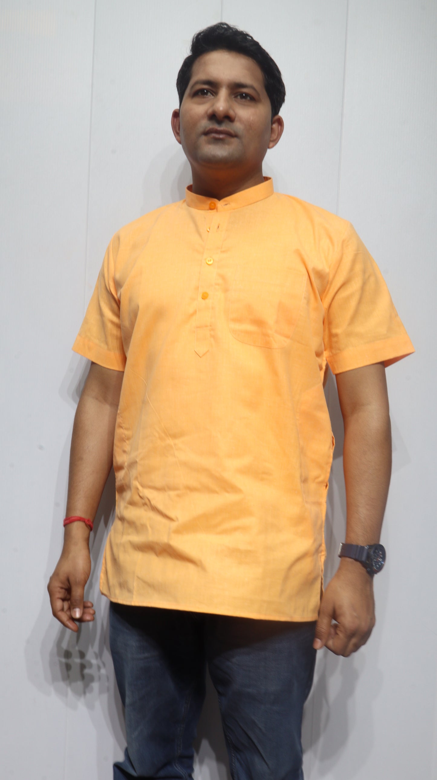 Men’s Light Orange Cotton Short Kurta – Mandarin Collar Casual Ethnic Wear