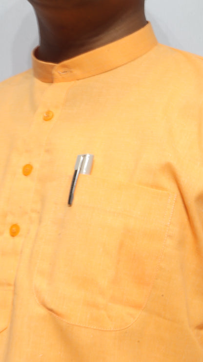 Men’s Light Orange Cotton Short Kurta – Mandarin Collar Casual Ethnic Wear