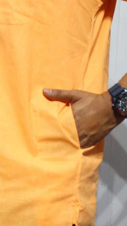 Men’s Light Orange Cotton Short Kurta – Mandarin Collar Casual Ethnic Wear