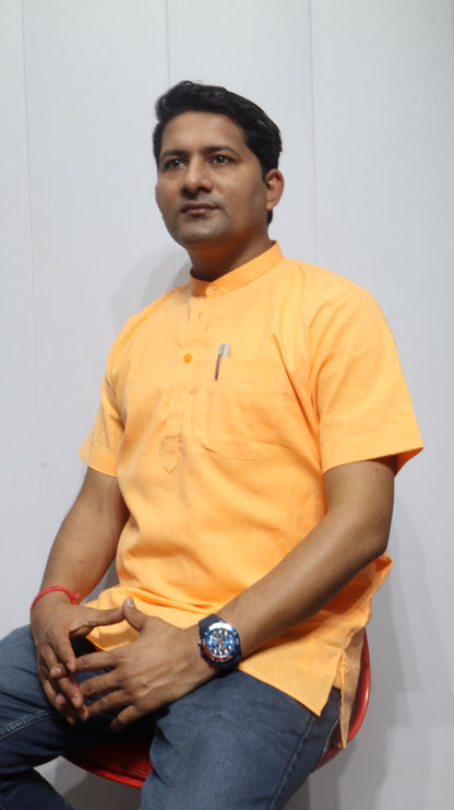 Men’s Light Orange Cotton Short Kurta – Mandarin Collar Casual Ethnic Wear