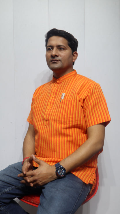 Men’s Orange Striped Cotton Short Kurta – Mandarin Collar Ethnic Wear