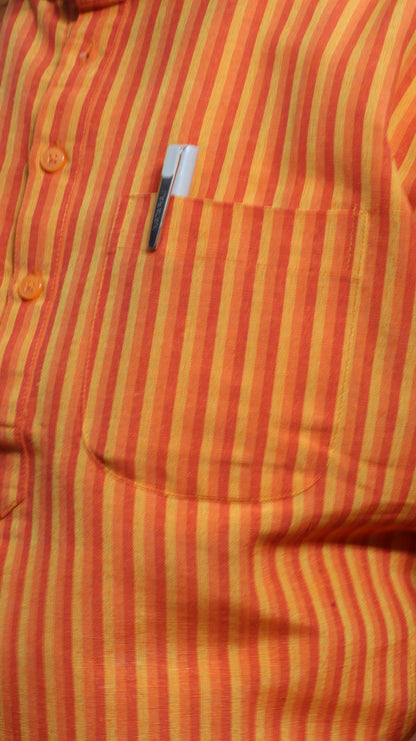 Men’s Orange Striped Cotton Short Kurta – Mandarin Collar Ethnic Wear