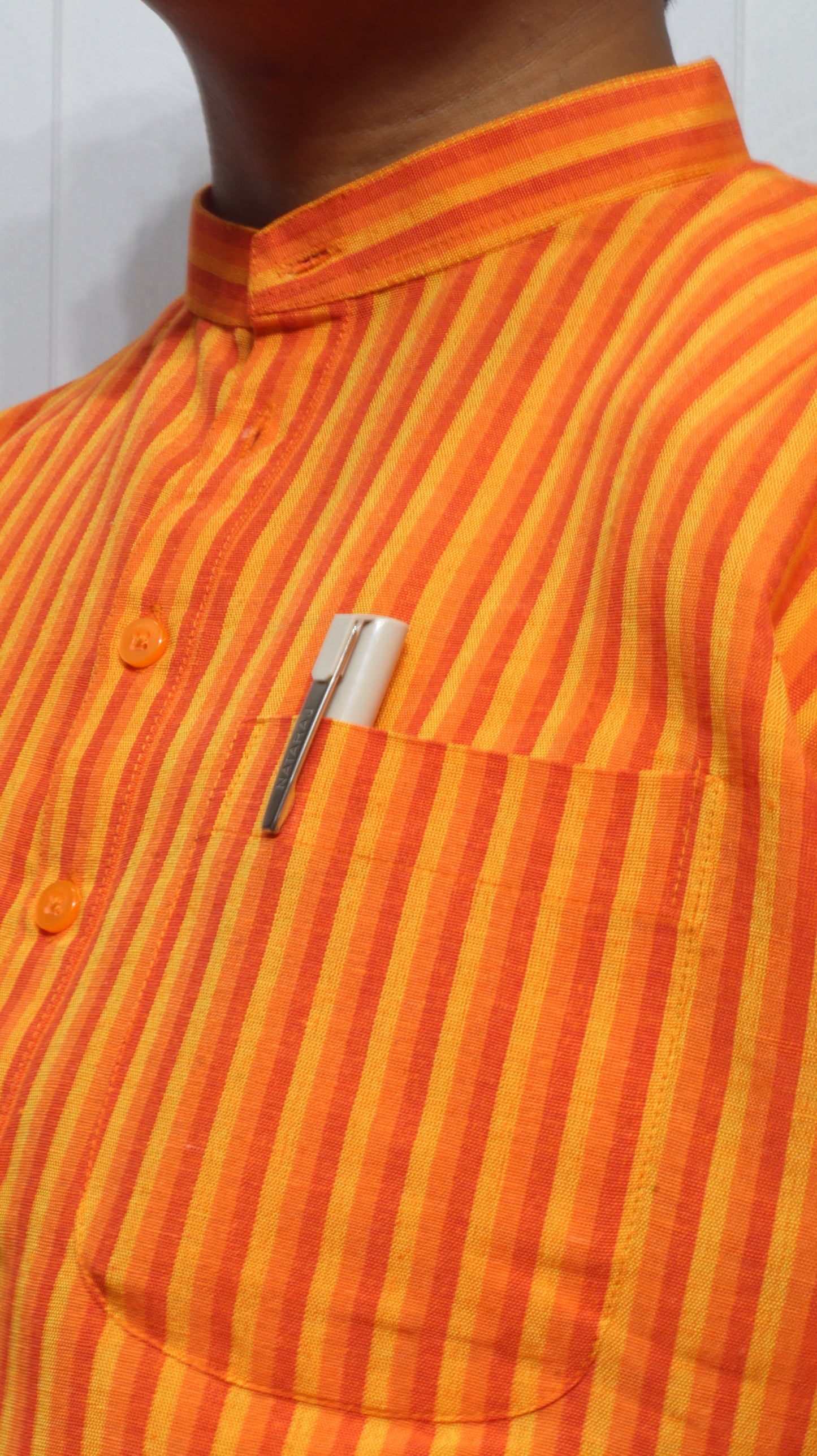 Men’s Orange Striped Cotton Short Kurta – Mandarin Collar Ethnic Wear