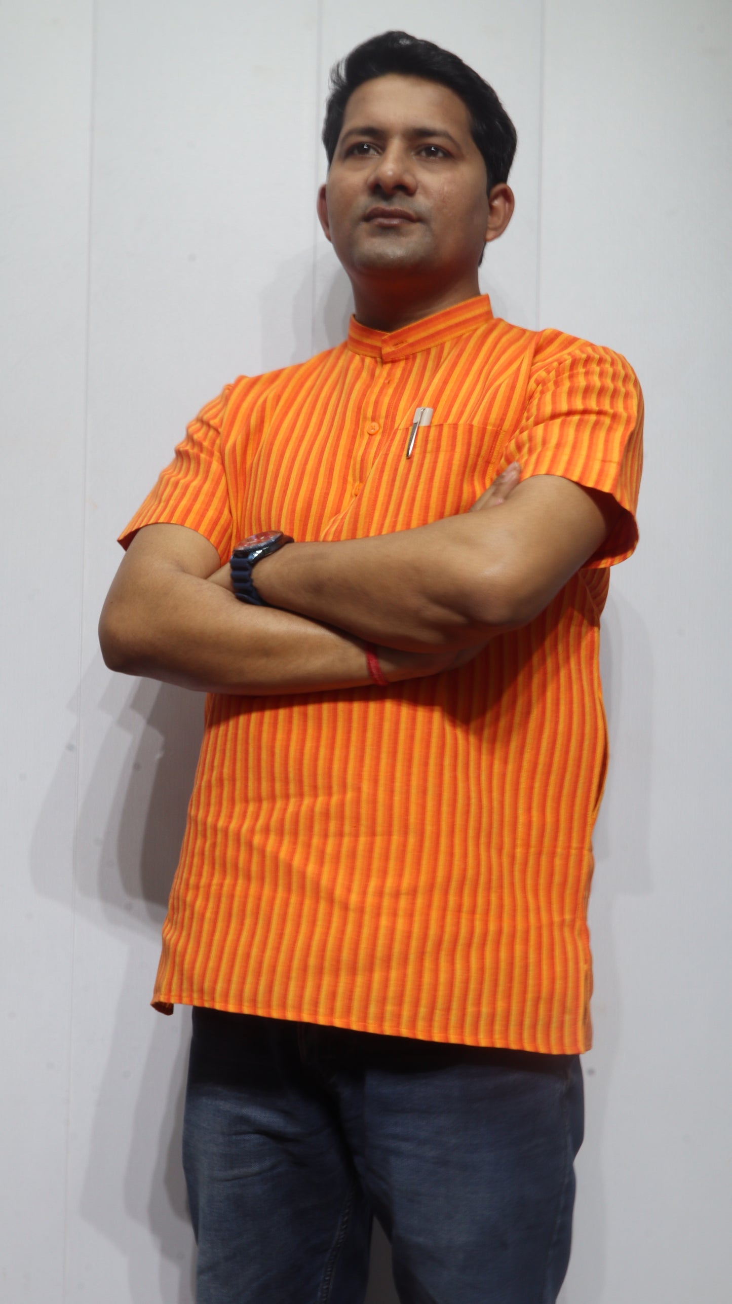 Men’s Orange Striped Cotton Short Kurta – Mandarin Collar Ethnic Wear