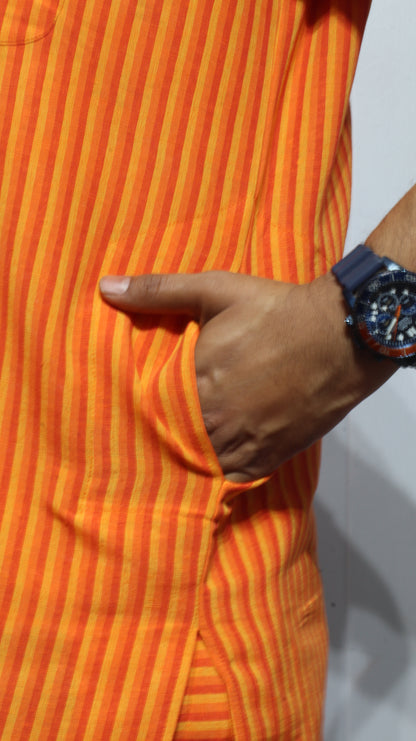 Men’s Orange Striped Cotton Short Kurta – Mandarin Collar Ethnic Wear
