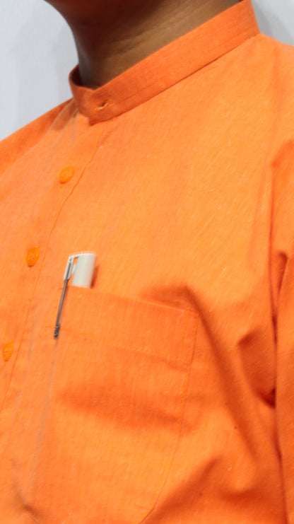 Men’s Solid Orange Cotton Short Kurta – Classic Mandarin Collar Ethnic Wear