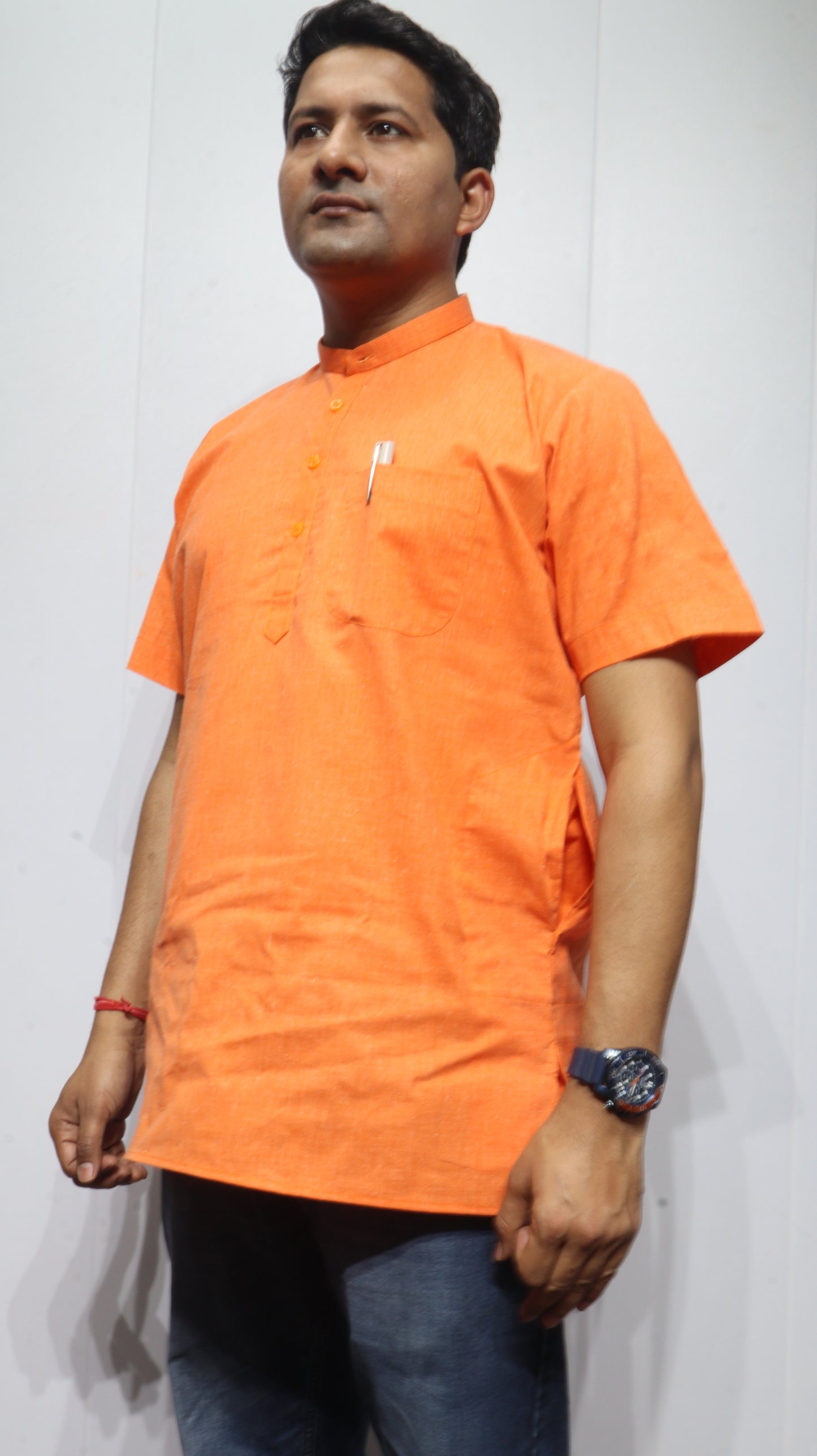 Men’s Solid Orange Cotton Short Kurta – Classic Mandarin Collar Ethnic Wear