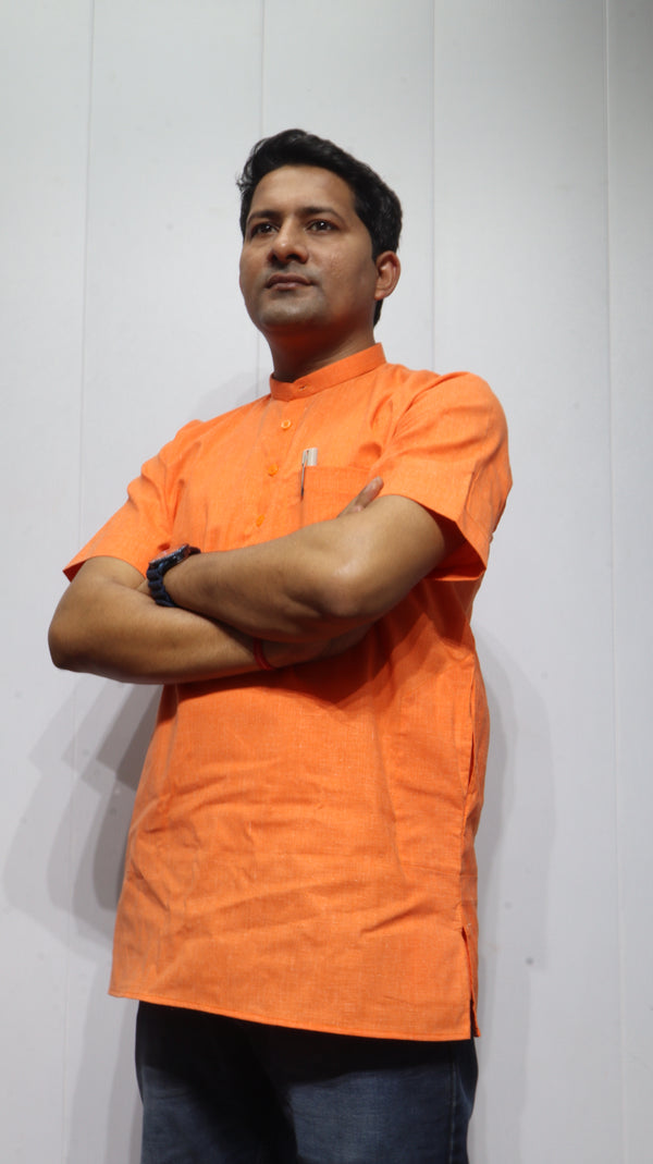 Men’s Solid Orange Cotton Short Kurta – Classic Mandarin Collar Ethnic Wear