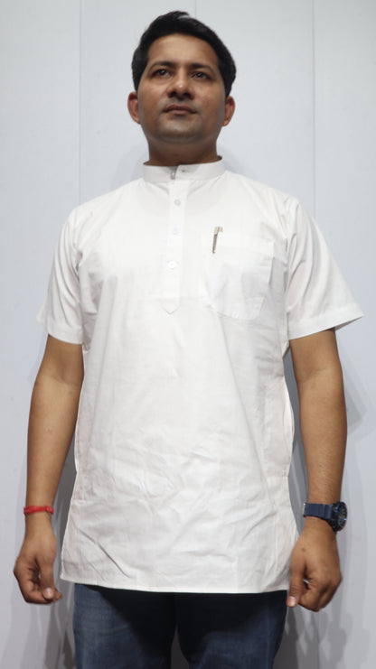 Men’s White Cotton Short Kurta – Classic Mandarin Collar Ethnic Wear