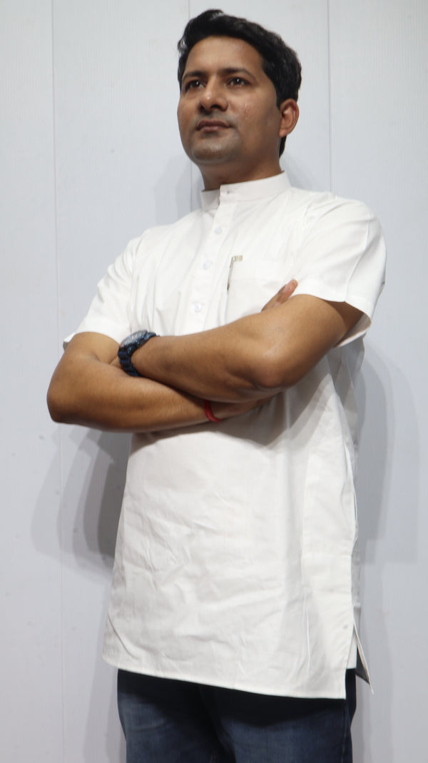 Men’s White Cotton Short Kurta – Classic Mandarin Collar Ethnic Wear