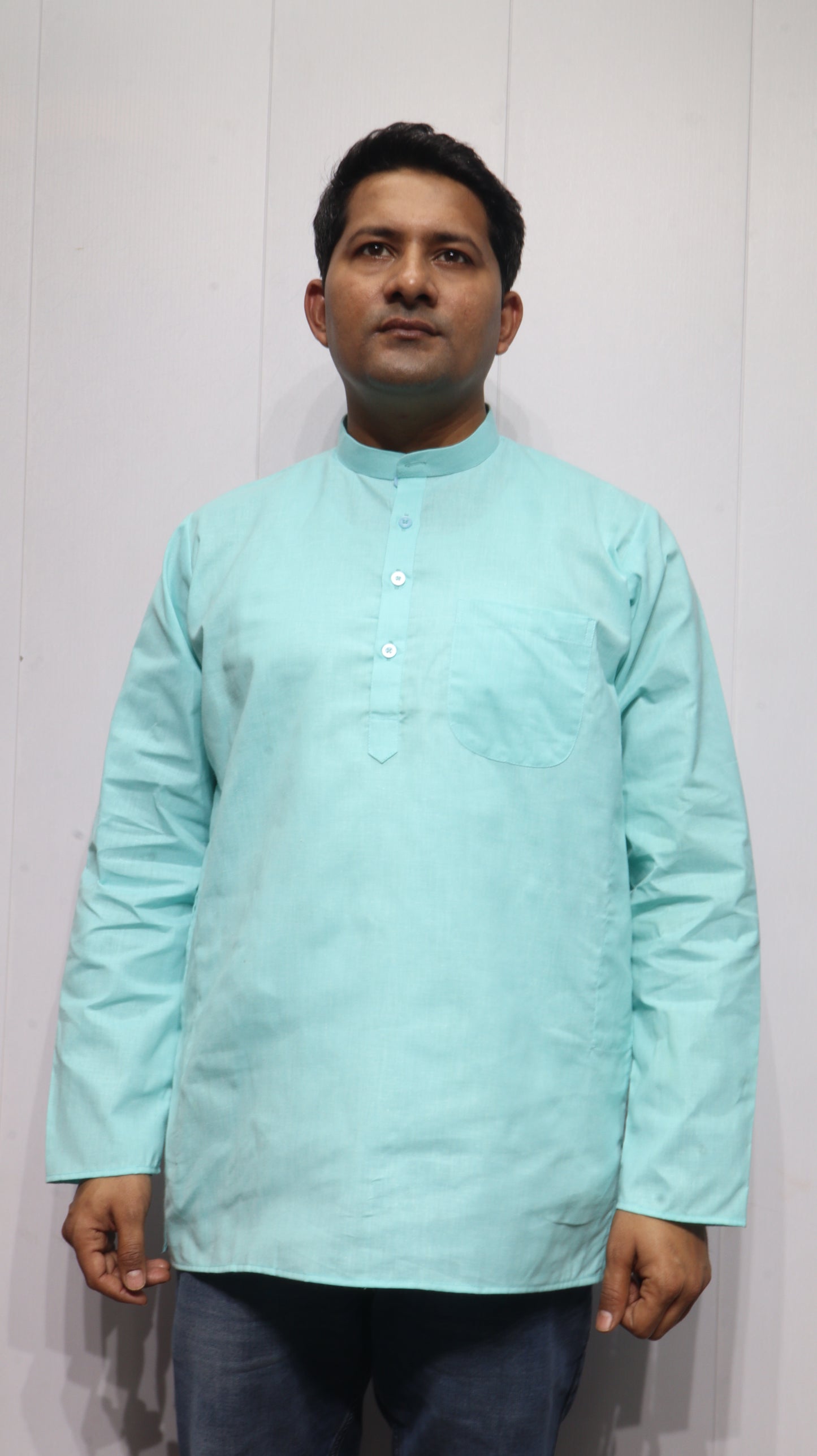 Men’s Mint Green Cotton Kurta – Classic Mandarin Collar Ethnic Wear