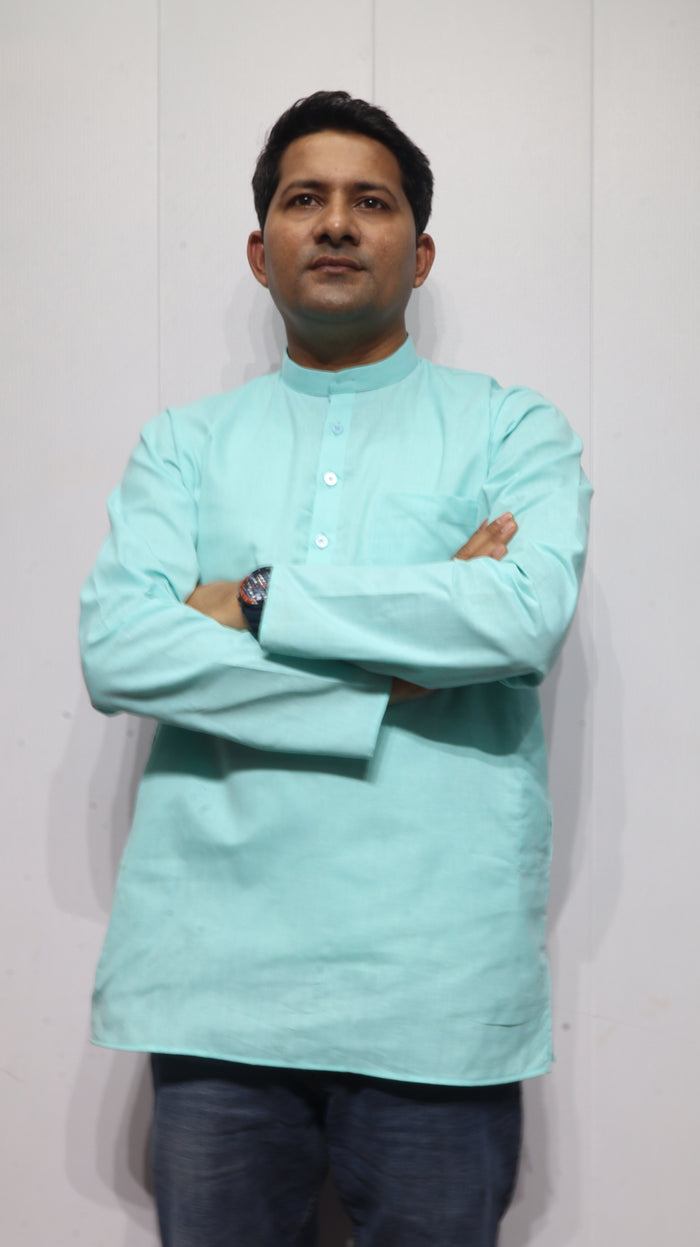 Men’s Mint Green Cotton Kurta – Classic Mandarin Collar Ethnic Wear