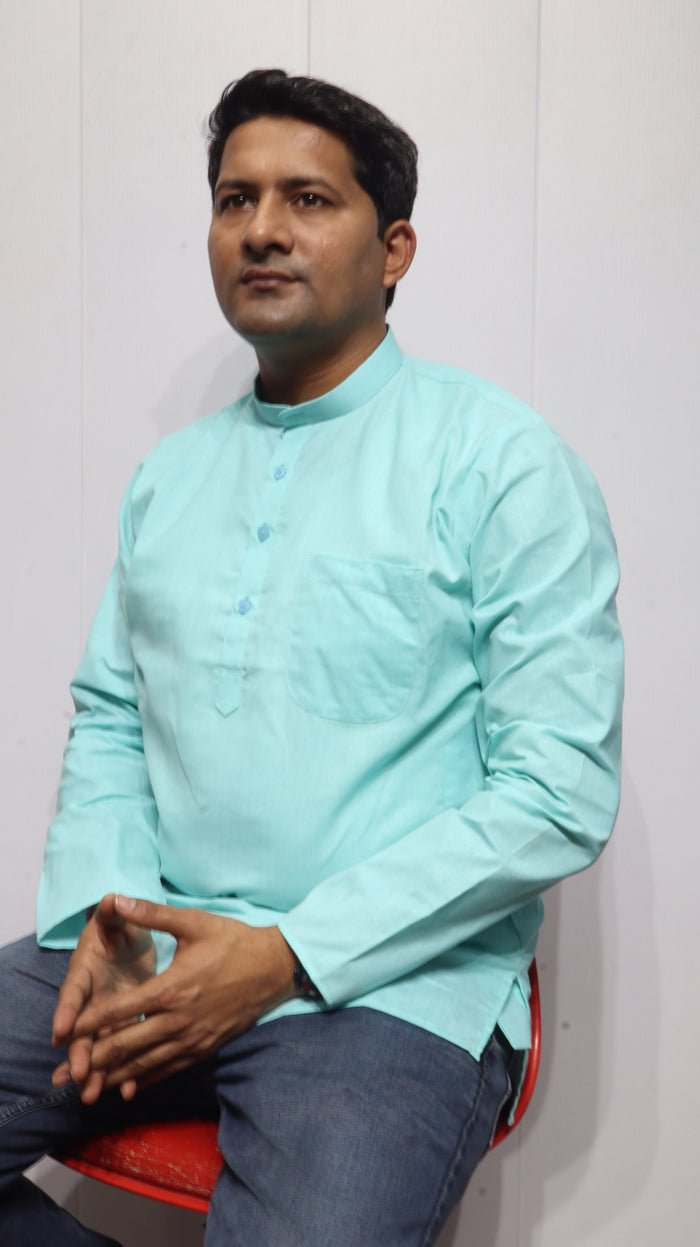 Men’s Mint Green Cotton Kurta – Classic Mandarin Collar Ethnic Wear