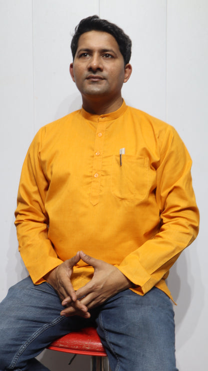 Men’s Mustard Yellow Cotton Kurta short(Full sleeve) – Classic Mandarin Collar Ethnic Wear