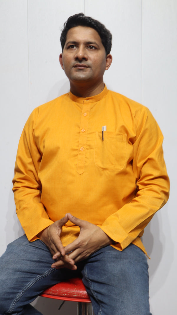 Men’s Mustard Yellow Cotton Kurta short(Full sleeve) – Classic Mandarin Collar Ethnic Wear