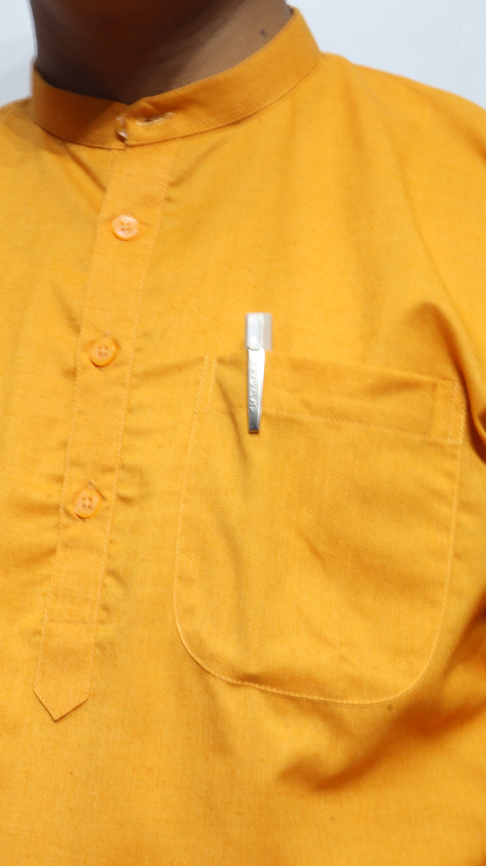 Men’s Mustard Yellow Cotton Kurta short(Full sleeve) – Classic Mandarin Collar Ethnic Wear