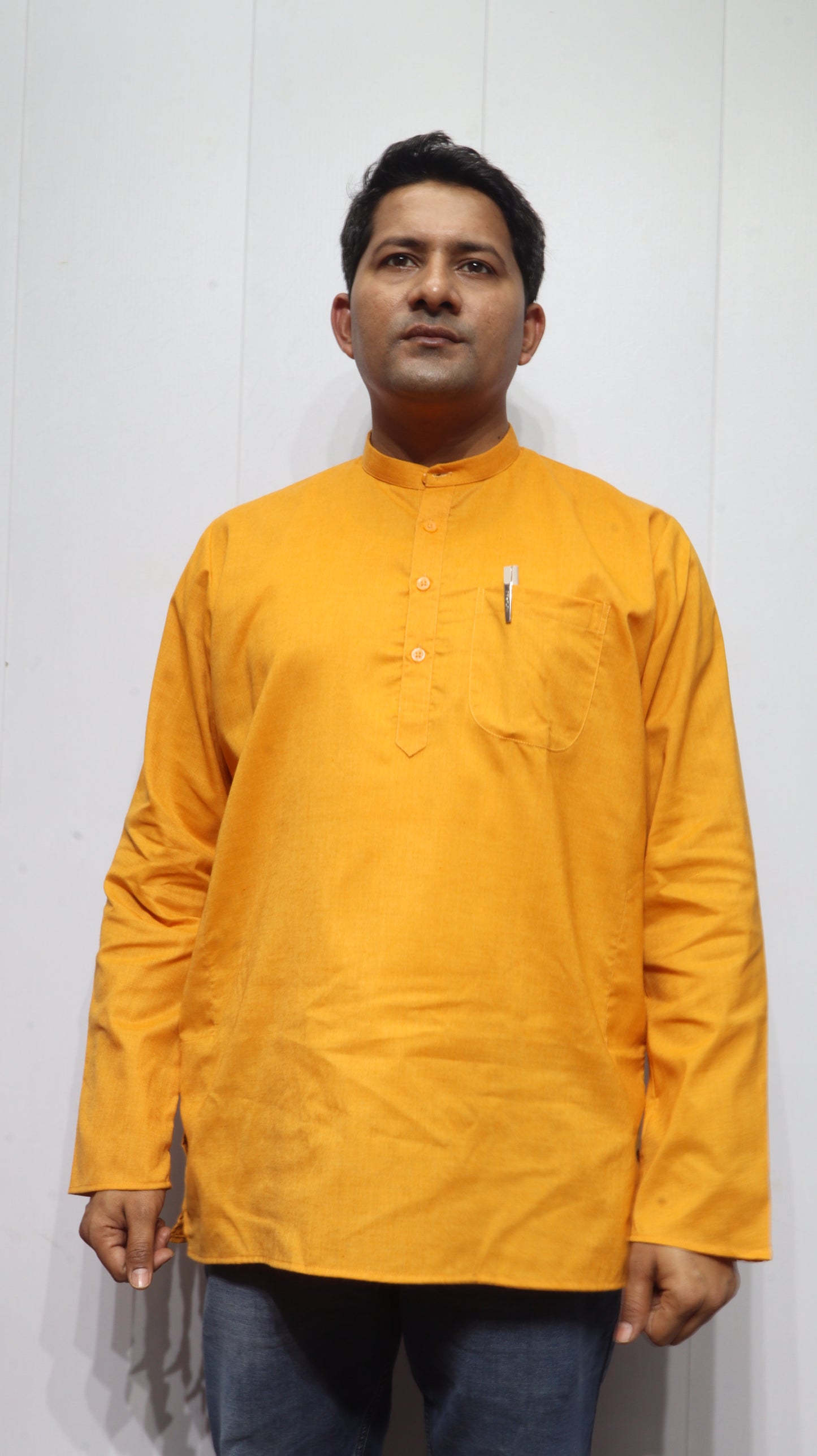 Men’s Mustard Yellow Cotton Kurta short(Full sleeve) – Classic Mandarin Collar Ethnic Wear