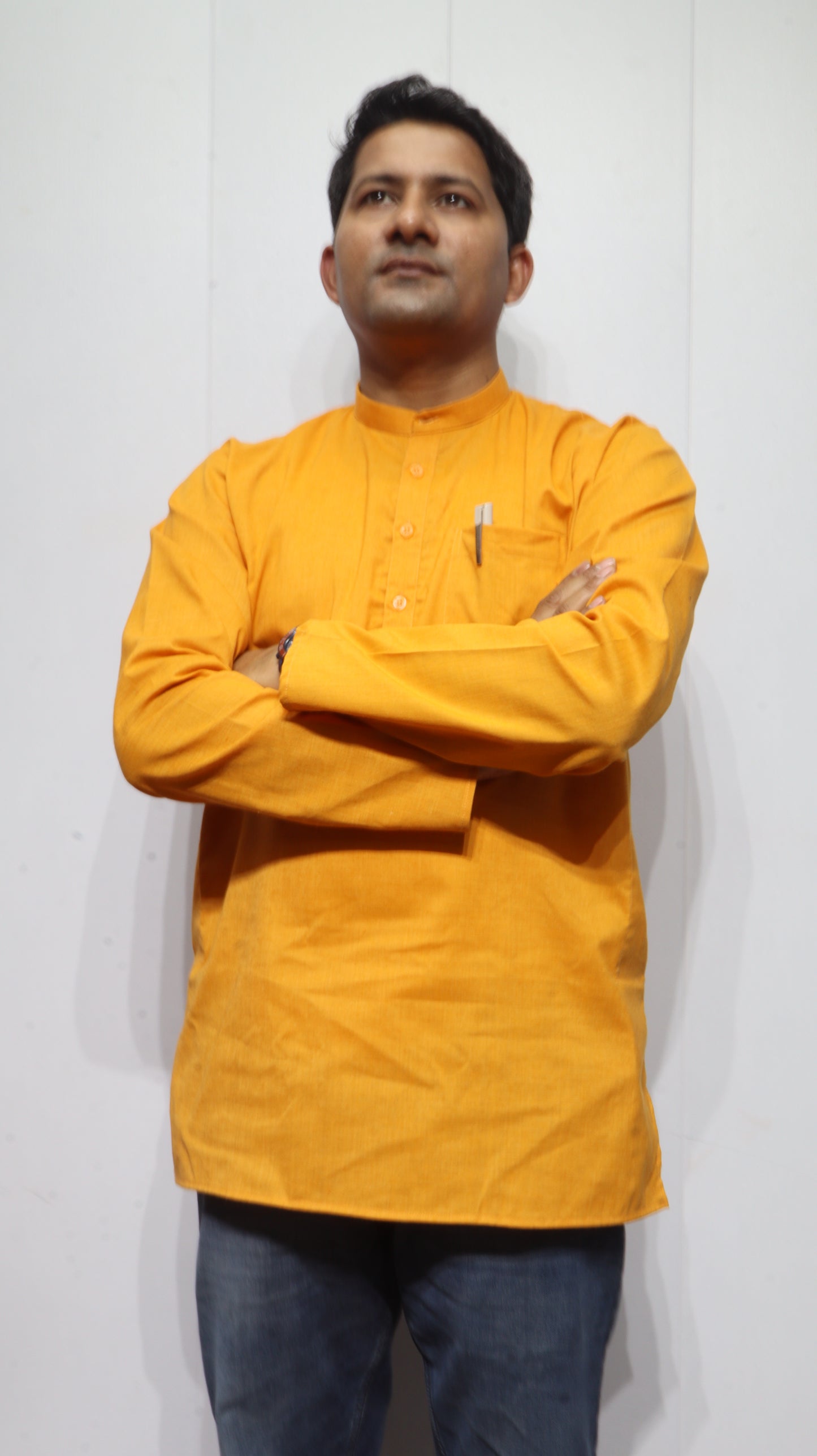 Men’s Mustard Yellow Cotton Kurta short(Full sleeve) – Classic Mandarin Collar Ethnic Wear