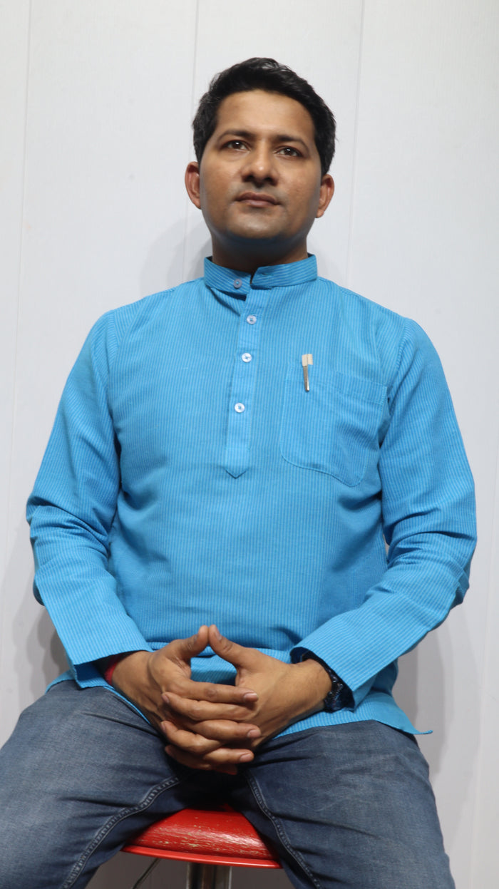 Men’s Blue Striped Cotton Kurta Short(Full Sleeve) – Mandarin Collar Ethnic Wear