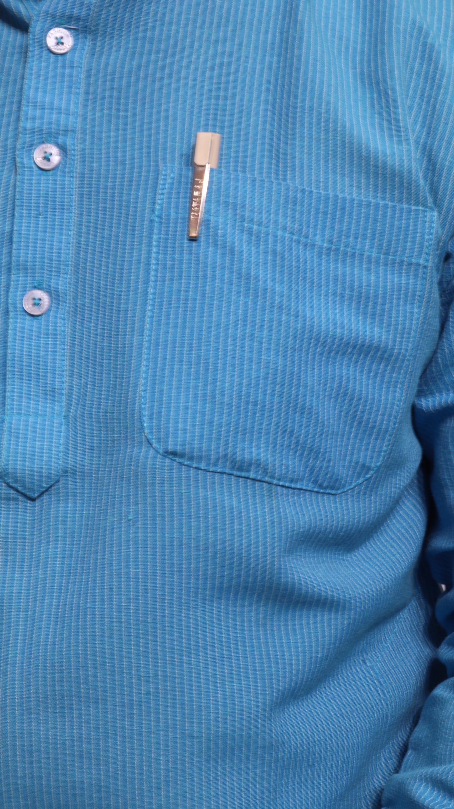 Men’s Blue Striped Cotton Kurta Short(Full Sleeve) – Mandarin Collar Ethnic Wear