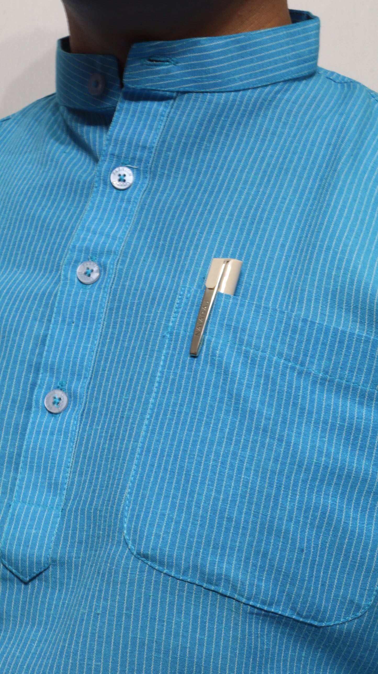 Men’s Blue Striped Cotton Kurta Short(Full Sleeve) – Mandarin Collar Ethnic Wear