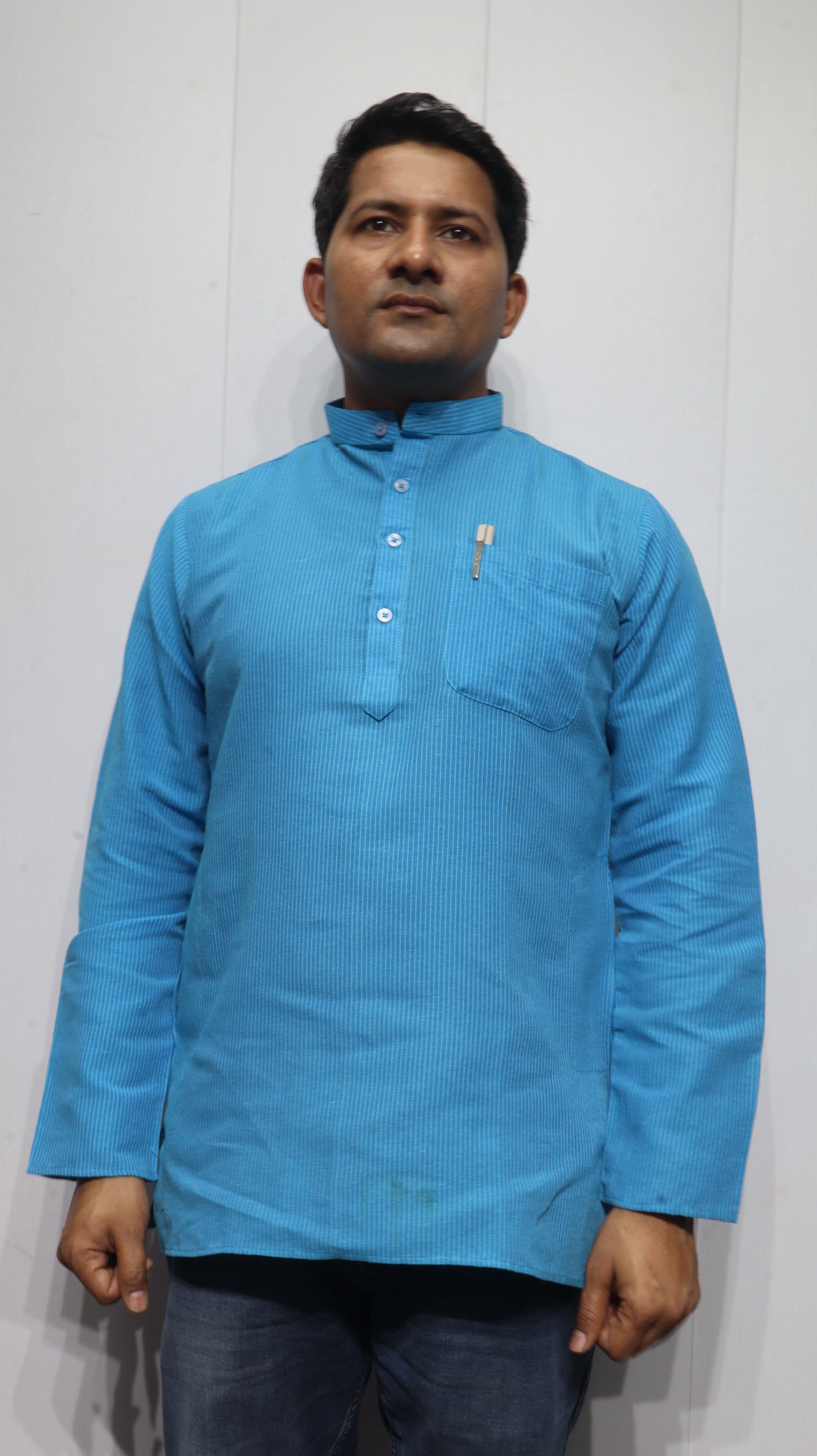 Men’s Blue Striped Cotton Kurta Short(Full Sleeve) – Mandarin Collar Ethnic Wear