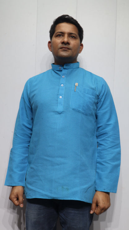 Men’s Blue Striped Cotton Kurta Short(Full Sleeve) – Mandarin Collar Ethnic Wear