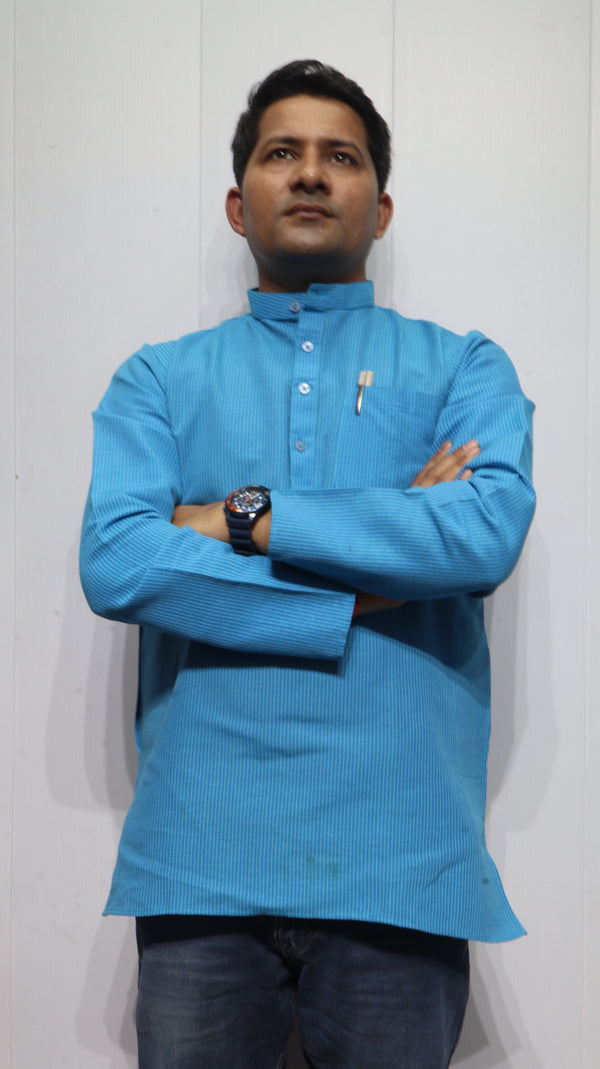 Men’s Blue Striped Cotton Kurta Short(Full Sleeve) – Mandarin Collar Ethnic Wear