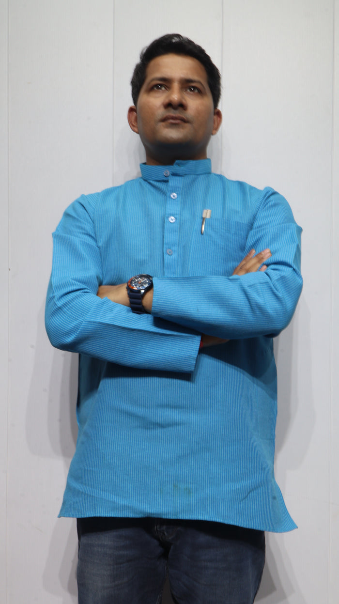 Men’s Blue Striped Cotton Kurta Short(Full Sleeve) – Mandarin Collar Ethnic Wear