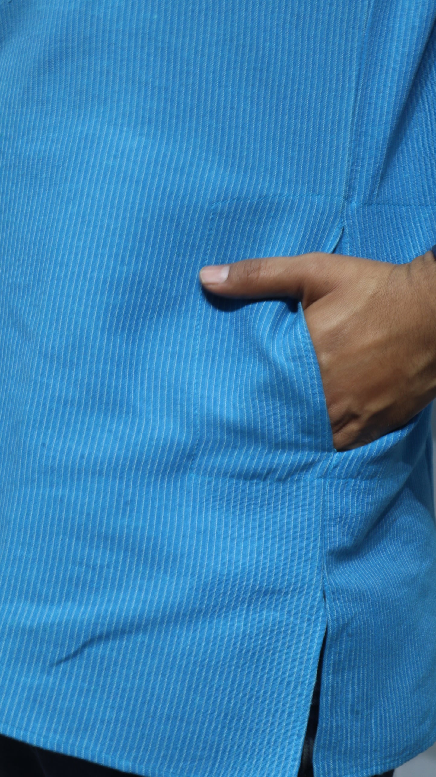 Men’s Blue Striped Cotton Kurta Short(Full Sleeve) – Mandarin Collar Ethnic Wear