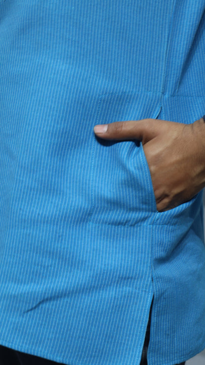 Men’s Blue Striped Cotton Kurta Short(Full Sleeve) – Mandarin Collar Ethnic Wear