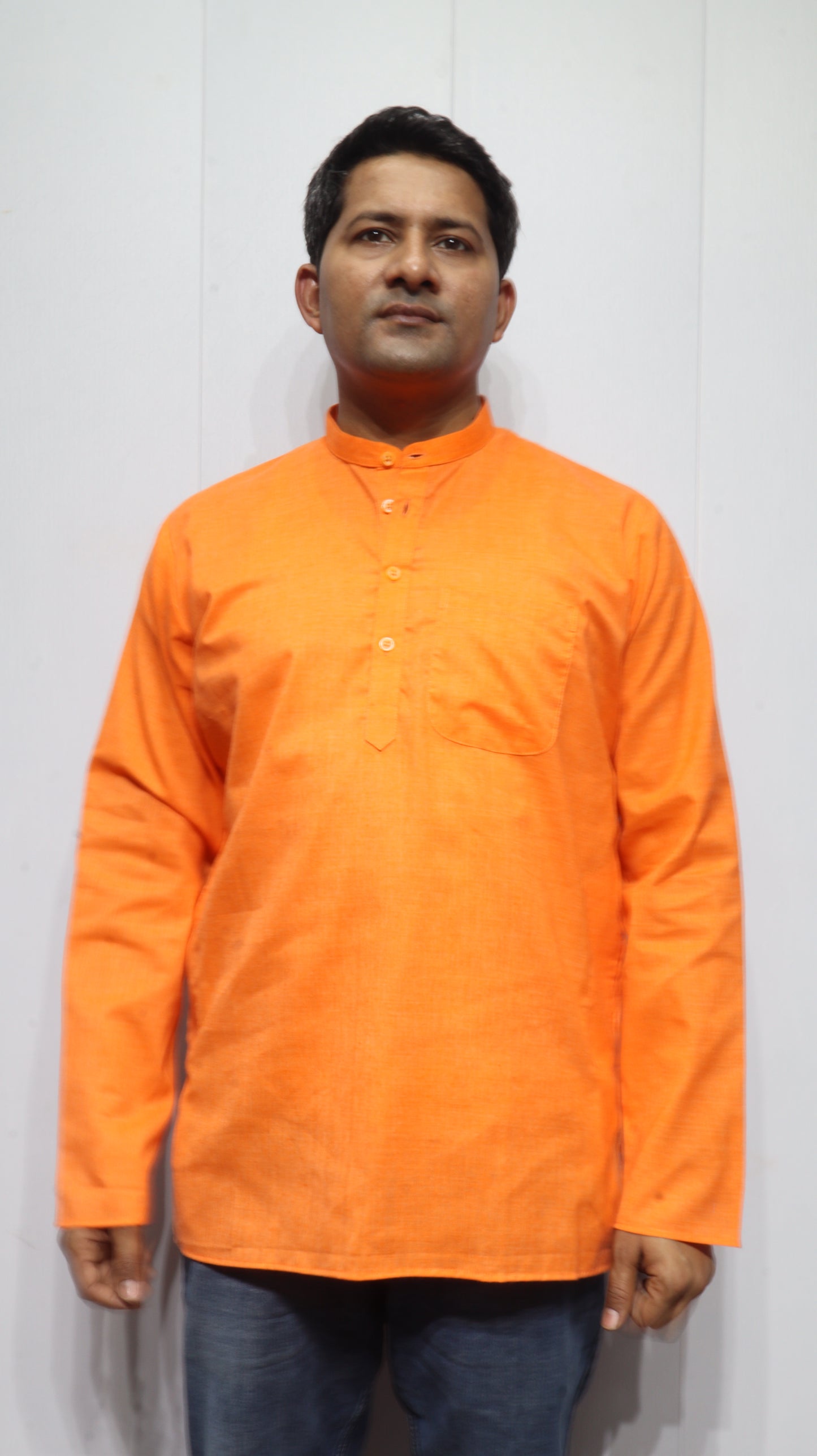 Men’s Bright Orange Cotton Kurta Short(Full Sleeve) – Classic Mandarin Collar Ethnic Wear