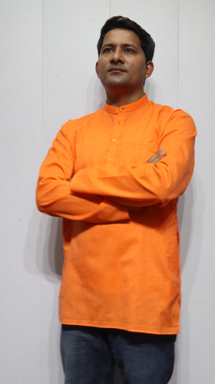 Men’s Bright Orange Cotton Kurta Short(Full Sleeve) – Classic Mandarin Collar Ethnic Wear