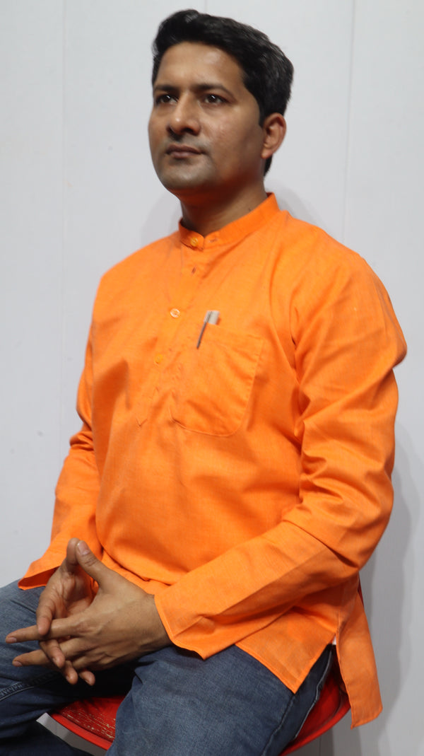 Men’s Bright Orange Cotton Kurta Short(Full Sleeve) – Classic Mandarin Collar Ethnic Wear