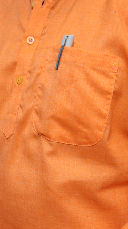 Men’s Bright Orange Cotton Kurta Short(Full Sleeve) – Classic Mandarin Collar Ethnic Wear