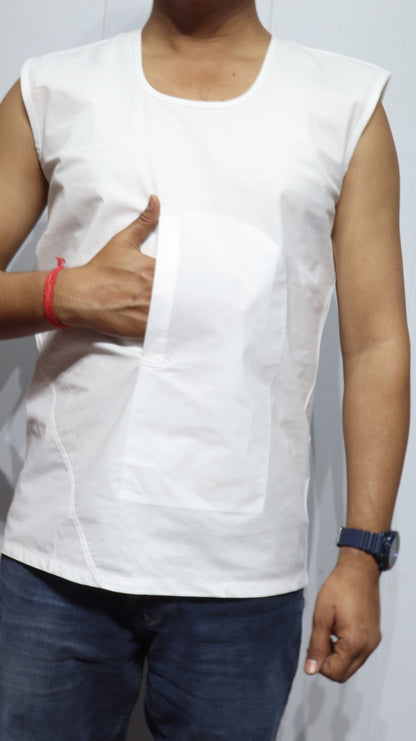 Pure Cotton White Banyan for Men with Front Pocket - Breathable Handloom Innerwear for Elders