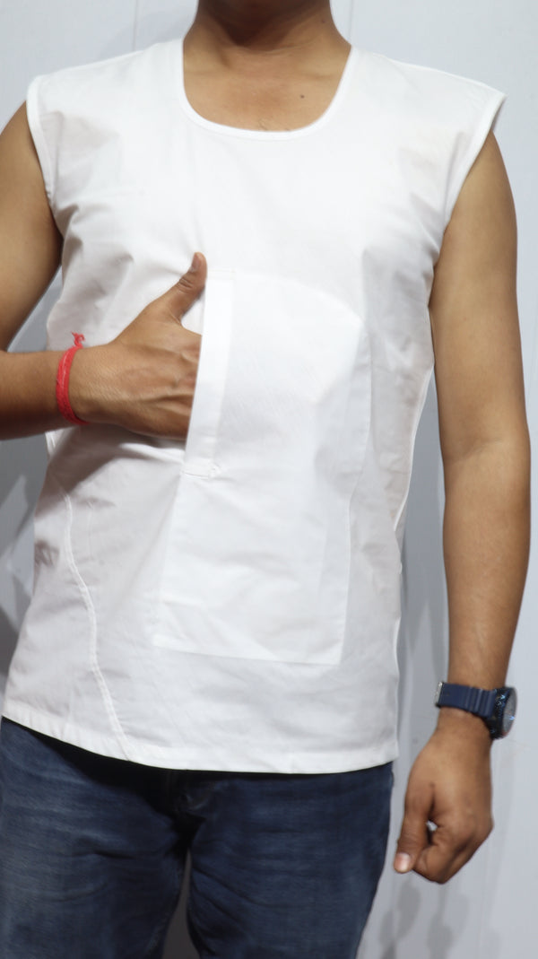 Pure Cotton White Banyan for Men with Front Pocket - Breathable Handloom Innerwear for Elders