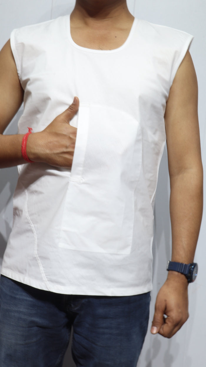 Pure Cotton White Banyan for Men with Front Pocket - Breathable Handloom Innerwear for Elders