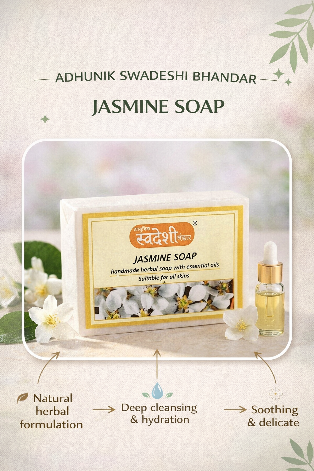 Jasmine soap packaging with essential oil bottle on a light background