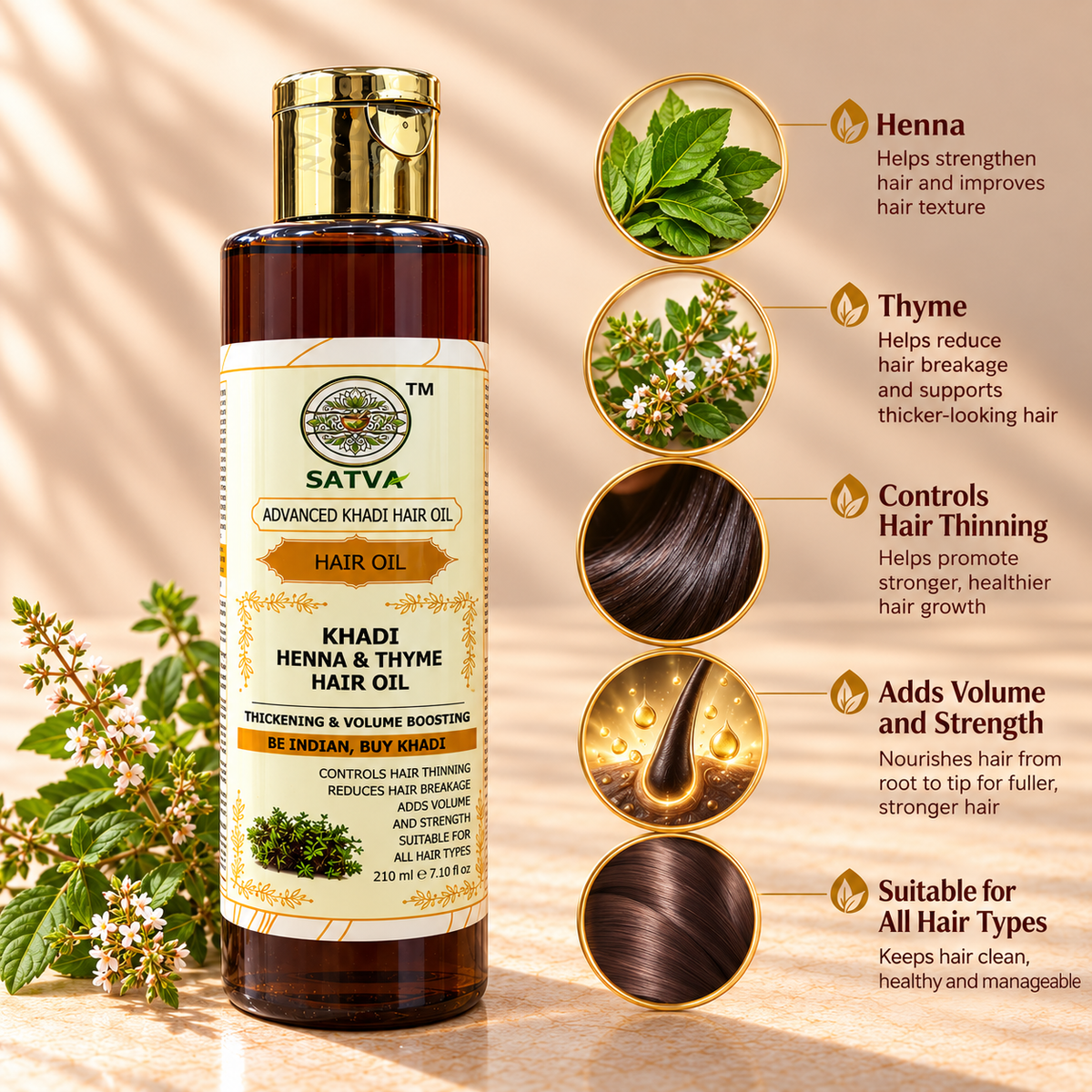 SATVA Khadi Henna and Thyme Hair Oil Key Benefits