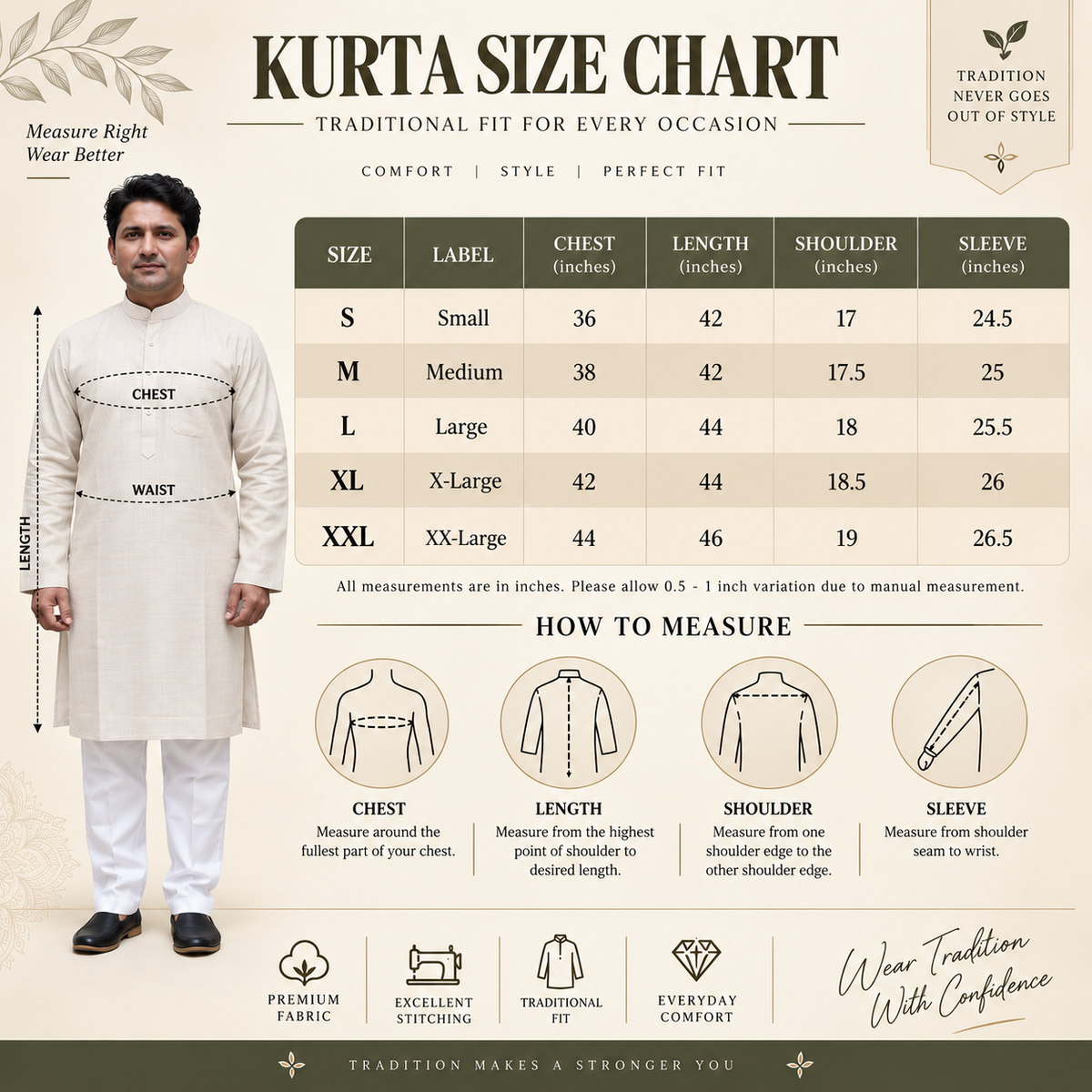 Men’s kurta size chart