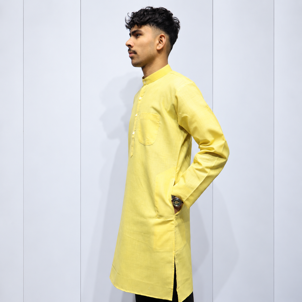Light yellow full sleeve traditional kurta for men