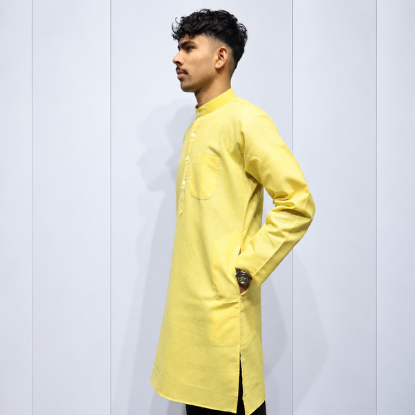 Light Yellow Khadi Cotton Men’s Kurta – Full Sleeve Traditional Ethnic Wear