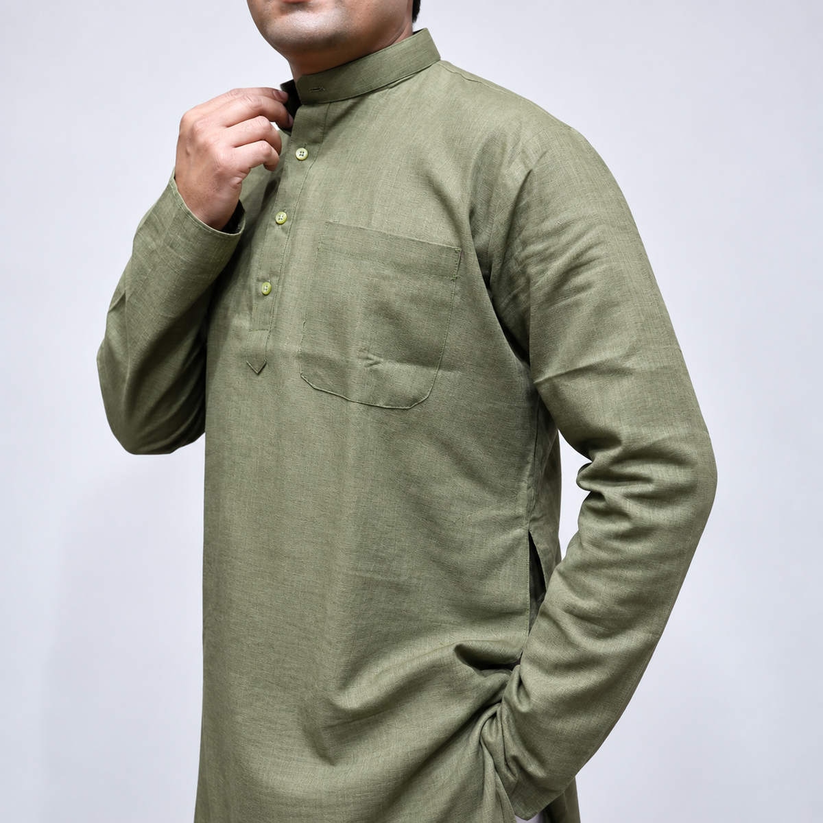 Mehendi Green Linen kurta mandarin collar