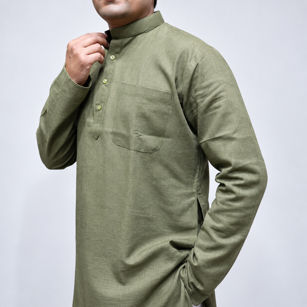 Mehendi Green Linen Men’s Kurta – Full Sleeve Traditional Ethnic Wear with Mandarin Collar