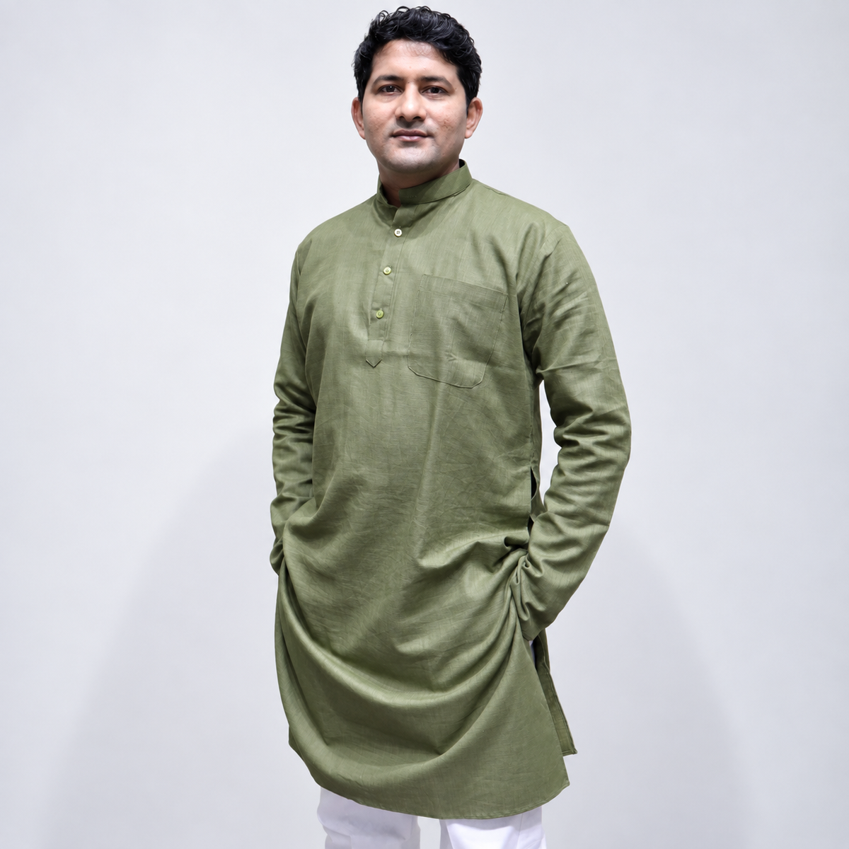 Mehendi Green Linen men’s kurta front button and chest pocket