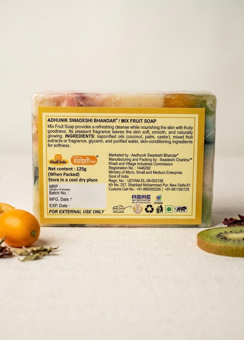 Bar of soap with packaging label on a light background