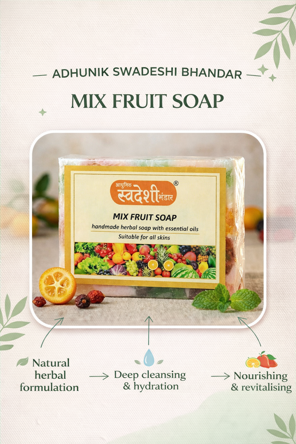 Packaging of Adhunik Swadeshi Bhandar Mix Fruit Soap with product details on a light background.