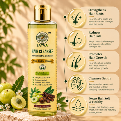 SATVA Amla Reetha Shikakai Hair Cleanser bottle and product benefits